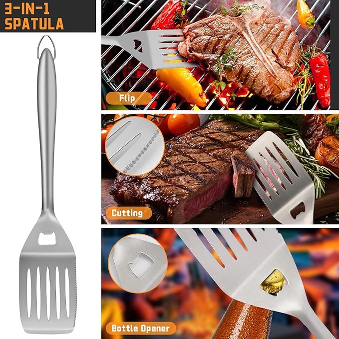 9PCS Stainless Steel Grill Accessories Set, Grilling Gifts for Men Dad Birthday Christmas, Durable BBQ Grill Tools Kit for Outdoor Grill & Camping with Portable Bag, Spatula, Tongs, Skewer & More