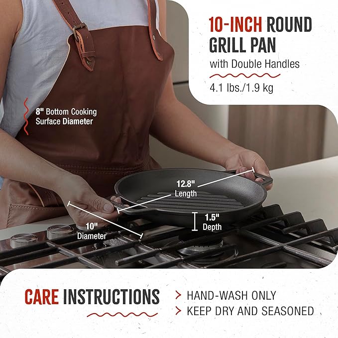 Victoria Cast Iron Round Grill Pan with Double Loop Handles, Made in Colombia, 10 Inches