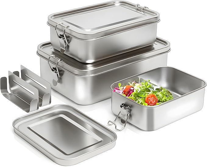 304 Stainless Steel Bento Box,3 Pack Stainless Steel Containers With Lids 2400/1400/850ml,Leak-Proof & Stackable Metal Lunch Box Food Storage Containers for Work Work,Picnic