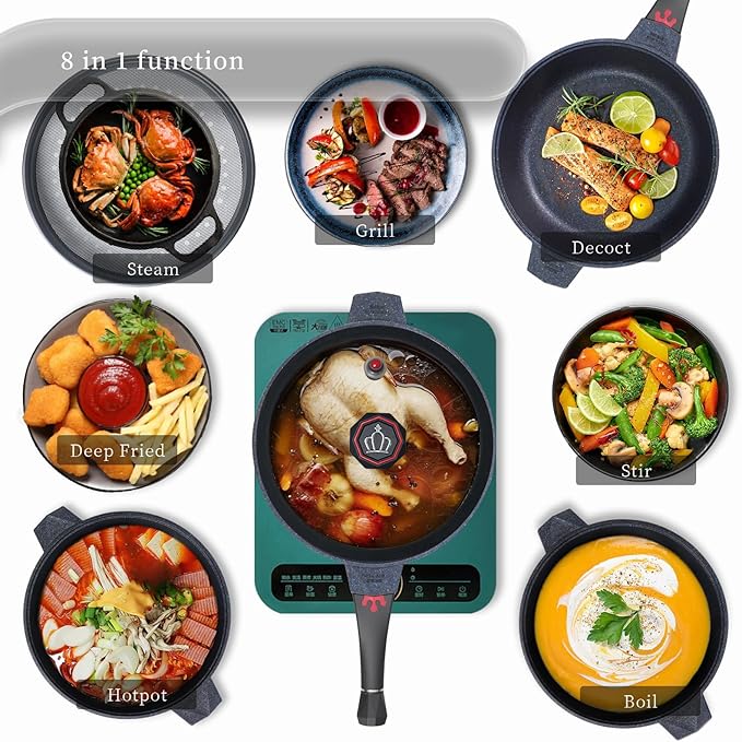 TIBORANG 8 in 1 Multipurpose 11 Inch 5 Quart Heat Indicator Nonstick Deep Frying Pan with Glass Lid, Stay-cool Handle, Steamed Grid, PFOA-Free,Dishwasher&Oven Safe,Works with All Stovetops (Black)