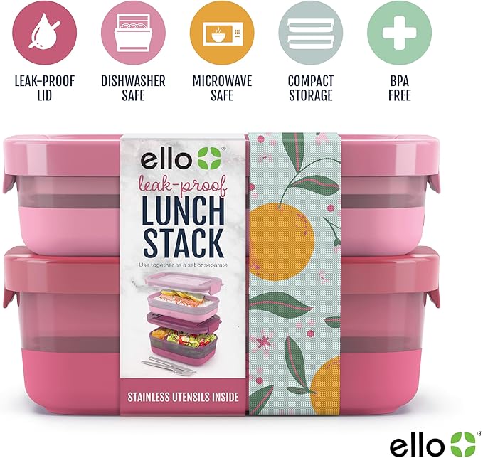 Ello 2-Pack Lunch Stack Plastic Food Storage Container Bento Box with Airtight, Leak-Proof Locking Plastic Lids and Silicone Base, BPA-Free, Freezer, Microwave, and Dishwasher Safe