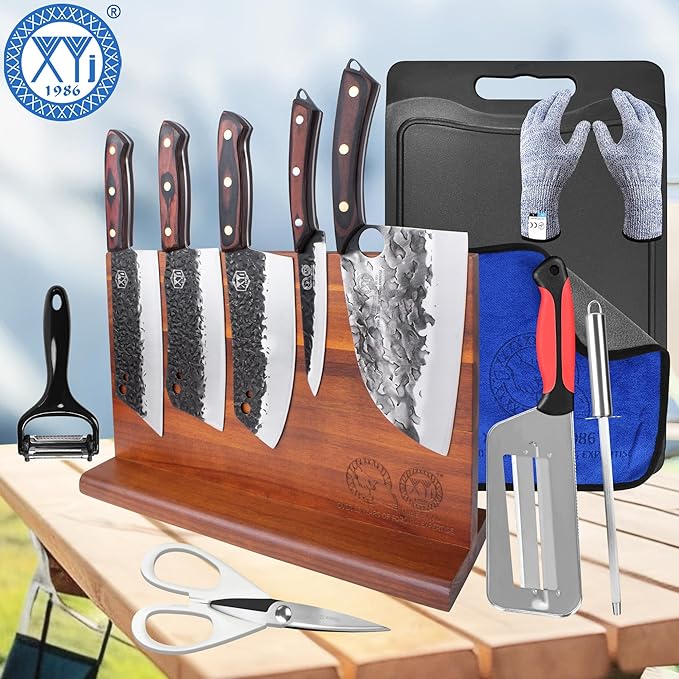XYJ Knife Block Set, Full Tang Knives Set with Magentic Knife Block, Sharpening Stick, Scissors, Cut Resistant Gloves, Utility Vegetable Kitchen Knives, High Carbon Steel Blades, Pakkawood Handle