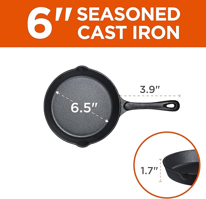 Commercial CHEF 3-Piece Cast Iron Skillet Set – 6 inch, 8 inch, and 10 inch - Pre-seasoned Cast Iron Cookware, Black