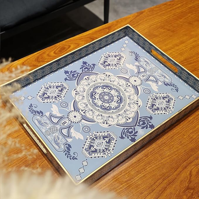 Rectangle Plastic Serving Tray with Handles, Elegant Decorative Tray for Coffee Table, Ottoman, Living Room, Kitchen, Outdoor Use. 12"*16"*1.6" B