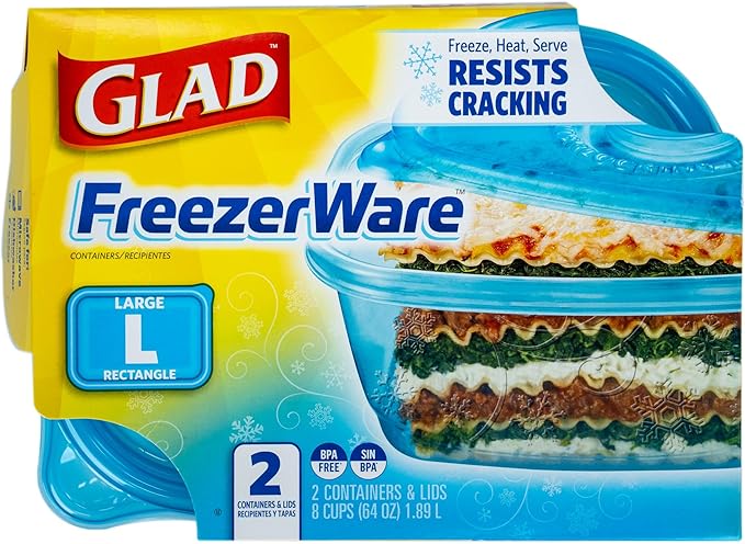 Glad GladWare Freezerware Food Storage Containers - Large Rectangle - Meal Container Holds up to 64 Ounces of Food - Lock Tight Seal, 2 Count