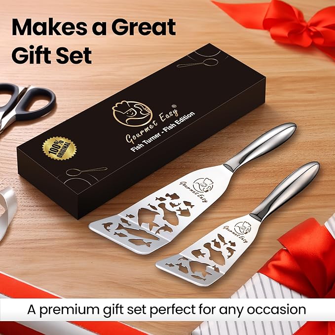 Stainless Steel Fish Spatula Set – Funky Fish Edition, 1 Large Fish Turner + 1 Small Metal Spatula, Ultra Thin Edge for Easy Turning & Flipping, Ergonomic Non-Slip Handle, Dishwasher Safe