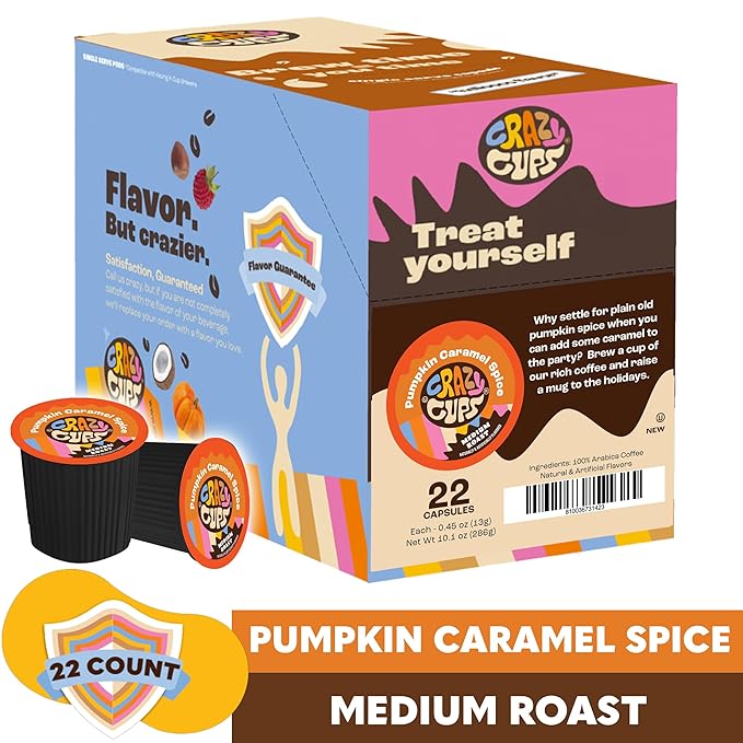 Crazy Cups Flavored Coffee, Pumpkin Caramel Spice, Recyclable Single Serve Pods for Keurig K Cups Machines, Brew Hot or As Iced Coffee, 22 Count (Pack of 1)