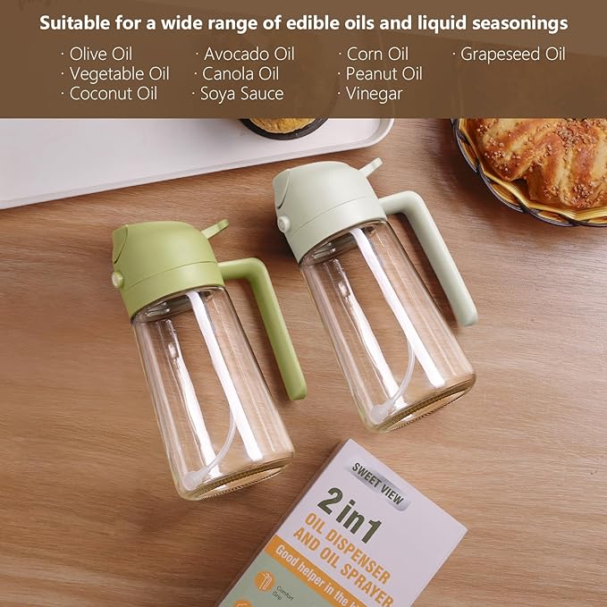 2PCS Oil Sprayer for Cooking, 470ml 2 In 1 Glass Olive Oil Sprayr & pourer for Kitchen, Air Fryer, Cooking, Salad, BBQ (Green,White)