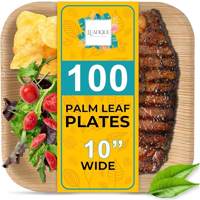 100% Natural 10” Palm Leaf Square Plate (100 pack), Compostable & Biodegradable Dinnerware for Catering, Birthdays, Halloween, BBQs, Thanksgiving, Alternative to Paper & Bamboo Plates Disposable