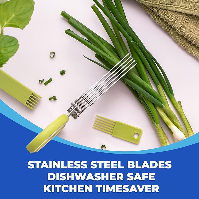 Jenaluca 5 Blade Herb Scissors - Cut & Chop Fresh Herbs & Leafy Greens - Salad Scissors - Stainless Steel Kitchen Shear Set with Cleaning Comb & Safety Cover - Kitchen Gadget - Green