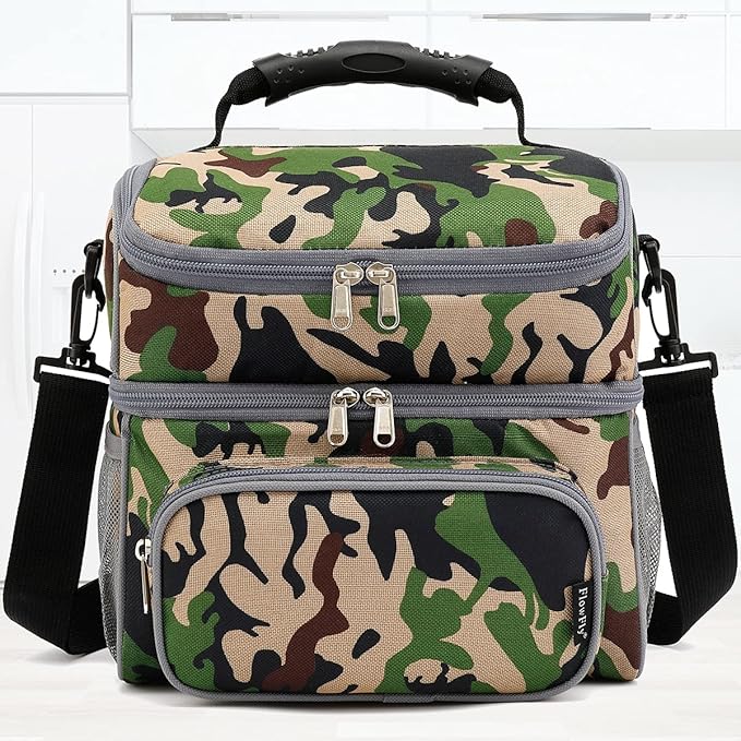 FlowFly Double Layer Cooler Insulated Lunch Bag Adult Lunch Box Large Tote Bag for Men, Women, With Adjustable Strap,Front Pocket and Dual Large Mesh Side Pockets