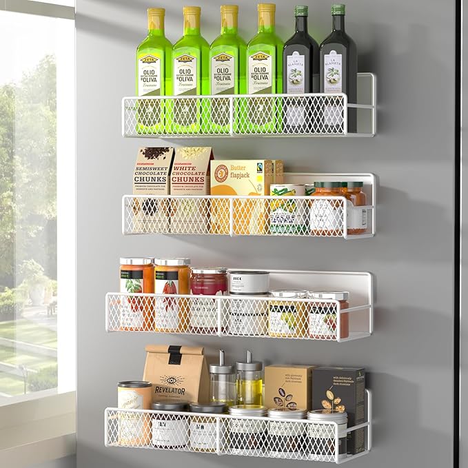 Magnetic Spice Rack for Refrigerator, 4 Pack 100% Metal Strong Magnet Fridge Shelves, Space Saving Spice Organizer, No Drilling Moveable Home Kitchen Laundry Room Storage Organization, White