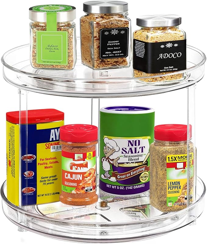 2 Tier Lazy Susan Bathroom Organizer, 9.25Inch Clear 360 Rotating Makeup Organizer for Vanity, Skincare Organizers Perfume Organizer, Spice Rack Organizer for Cabinet- Home Organization and Storage