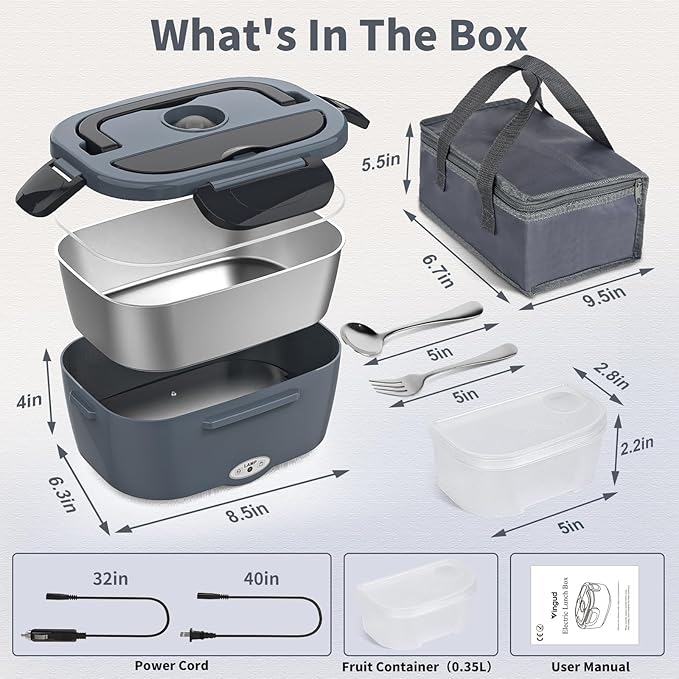 Vingud Electric Lunch Box for Adults, Heated Lunch Box Food Warmer, 80W Portable Heating Lunchbox for Men/Car/Truck with 1.5L Stainless Steel Container, 12V/24V/110V Lonchera Eléctrica Portátil Gift