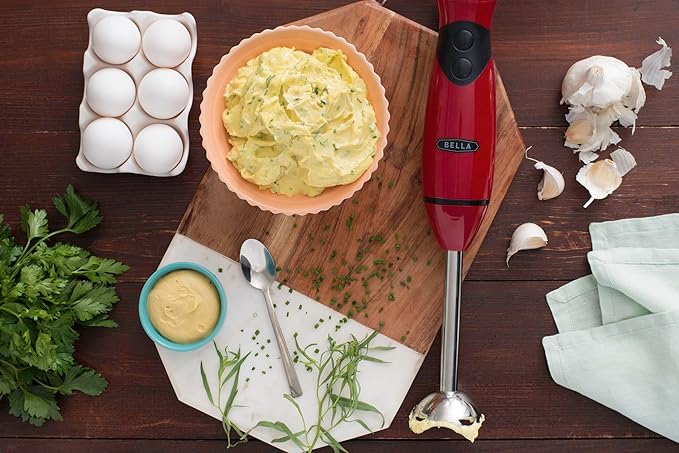 BELLA 2-Speed Hand Immersion Blender with Whisk Attachment, 250 Watt, Red, Immersion Blender with Dishwasher Safe Whisk & Blending Attachments for Food Prep (14460)
