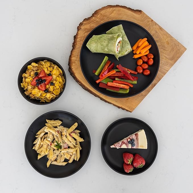 Grow Forward 16-piece Premium Wheat Straw Dinnerware Sets for 4 - Unbreakable Dishwasher & Microwave Safe Plastic Plates and Bowls Sets - Patio, Outdoors, RV, Camping Dishes - Midnight