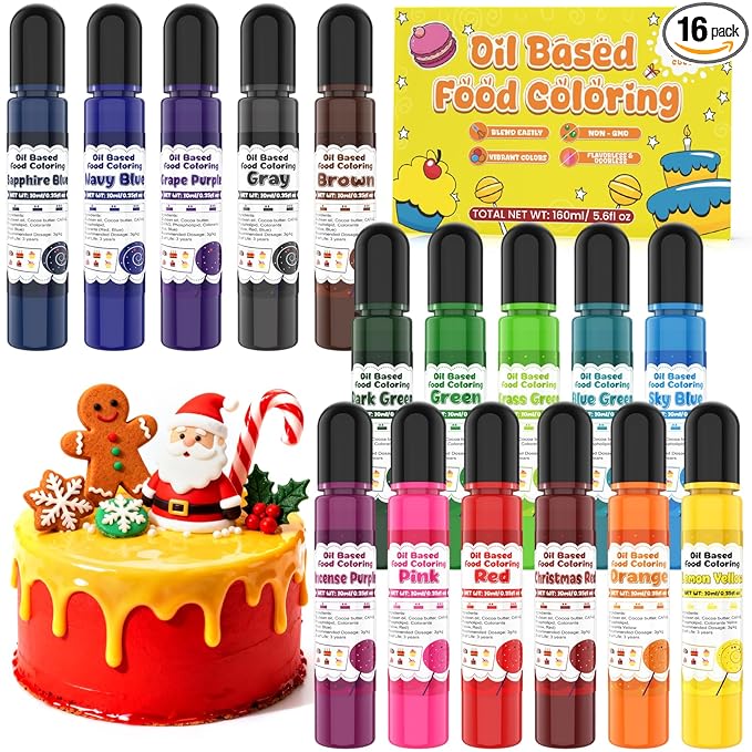 Oil Based Food Coloring for Chocolate - 16 Colors Concentrated Oil Food Dye, Food Grade Dye Set for Melting Chocolate, Candy Melts, Icing Frosting, Fondant, Cake Decorating, Baking, Cookies - 0.35 Fl.Oz/Bottles