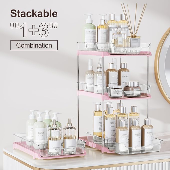 Delamu 2-Tier Multi-Purpose Bathroom Under Sink Organizers and Storage, Stackable Kitchen Pantry Organization, Pull Out Medicine Cabinet Organizer with Movable Dividers, Pink, 2 Pack