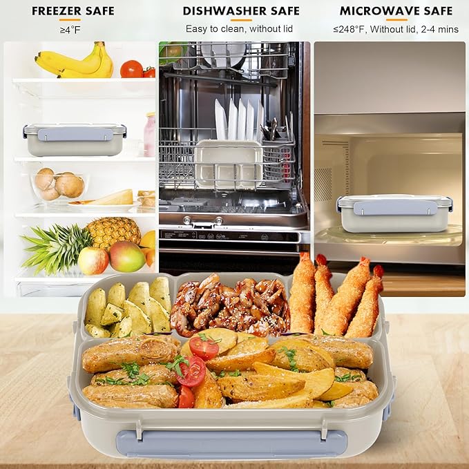 Bento Box Adult, Lunch Box Containers for Adults Men Women, 5 Cup Bento with 4 Compartments &Spork &Sauce Box, Leak-Proof, Microwave/Dishwasher Safe(Beige)