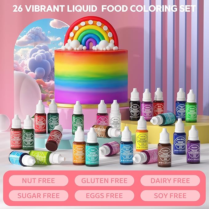 Food Coloring for Baking - Cherrysea 26 Vibrant Cake Coloring Liquid Set for Dessert Decorating, Food Grade Food Dye for Icing,Fondant,Cookies,Easter Egg,Making DIY Supplies Kit- 0.35 Fl. oz/Bottles