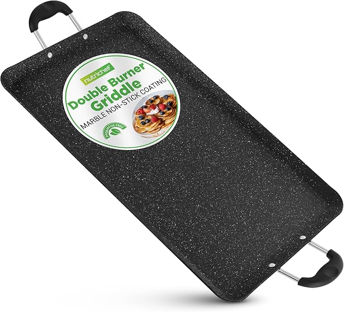 NutriChef Double Burner Griddle, Non-Stick Stove Top Griddle for Gas Stove, Dishwasher Safe, Heatproof Bakelite Handles, Even Heat Distribution, PFOA & PFOS Free, 20” x 12” x 0.8” Inch (Black)