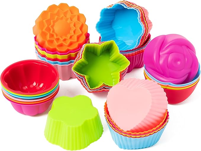 R HORSE 42 Pack Silicone Cupcake Molds - 2 Inch Mini Size Multi Flower-Shaped Baking Cups Non-Stick Donut Wrapper Mold Wrappers Holders Muffin Liners Washable for Pan Oven Microwave Dishwasher