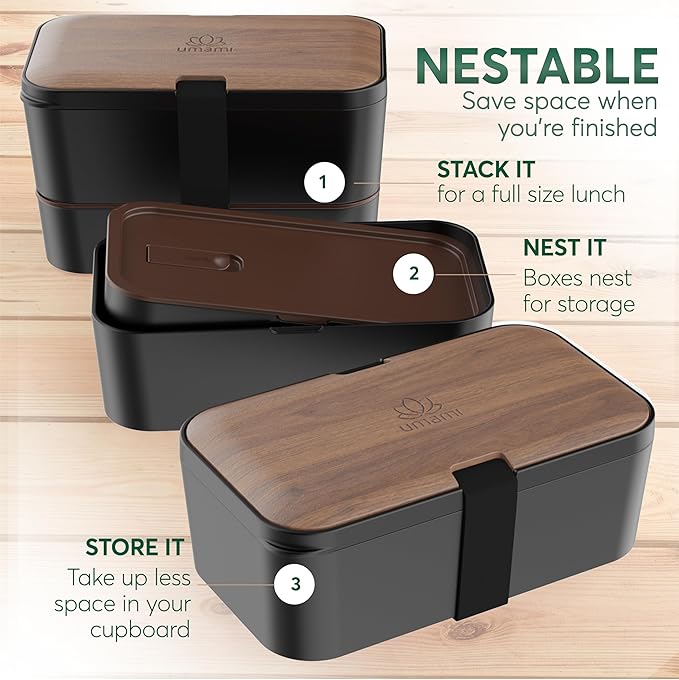 Umami Premium Lunch Box Containers w/ 4 Utensils, 2 Sauce Jars, Nestable Space-Saving Bento Box Adult, 100% Leakproof, Microwavable Lunch Containers for Adults, Walnut Black, 50 oz