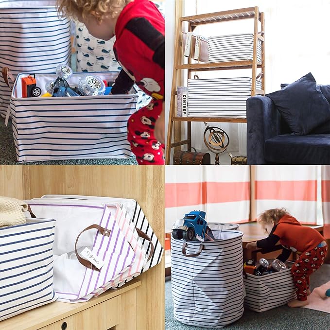 Hinwo 31L Large Storage Bins, 2-Pack Closet Organizers and Storage, Foldable Clothes Storage Baskets with Handles, Containers for Clothing, Blanket, Towels, Toys, Bedding (Navy Stripe)