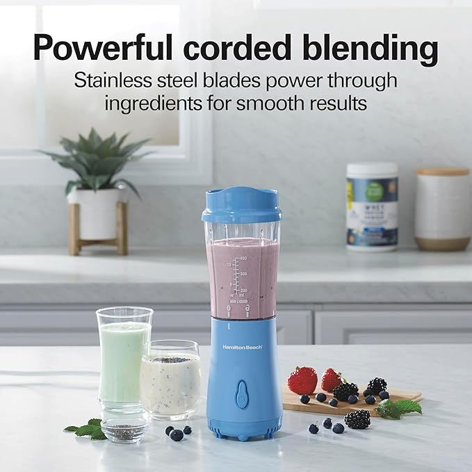 Hamilton Beach Portable Blender for Shakes and Smoothies, 14 Oz BPA Free Travel Cup & Lid, Durable Stainless Steel Blades, Personal Smoothie Blender, Tranquil Blue (51172)