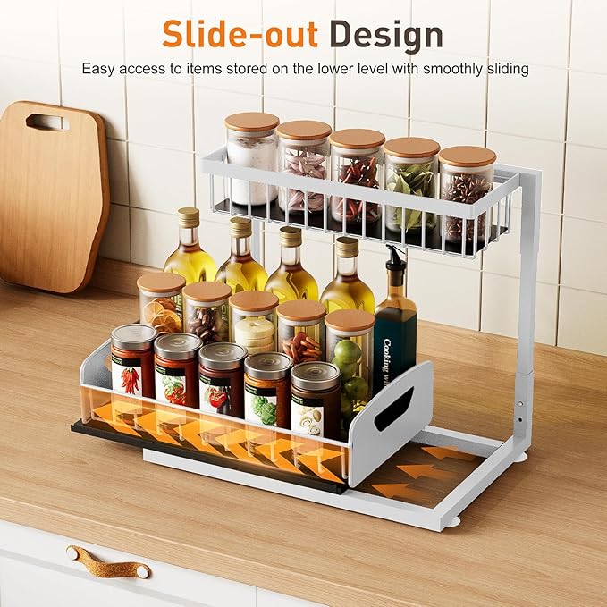 Under Sink Organizer,Metal Pull Out Cabinet Organizer Shelf,Kitchen Bathroom Organizers with Sliding Drawer,Storage Shelves,Storage and organization for Home,Laundry,RV,Pantry,Spice,White, 2 Pack