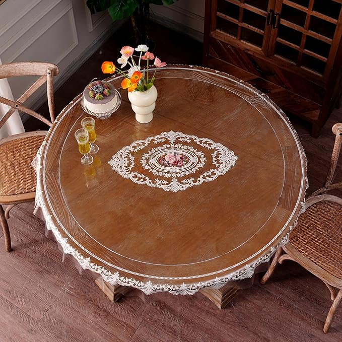 Waterproof Clear Table Cover Protector Vinyl Round Table Cloth with Lace Pattern Oil Spill Proof Wipe Clean Plastic Tablecloths for Dining Tables (French Lace, 55 Inches Round)