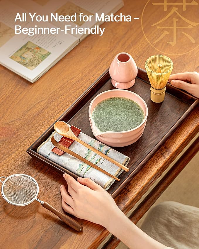 Artisan Matcha Whisk Set - 8 Pcs Premium Matcha Set with Bowl (Chawan), Bamboo Whisk & Tools | Matcha Kit for Making Breakfast/Latte | Gift for Matcha Lovers (Sakura Pink)