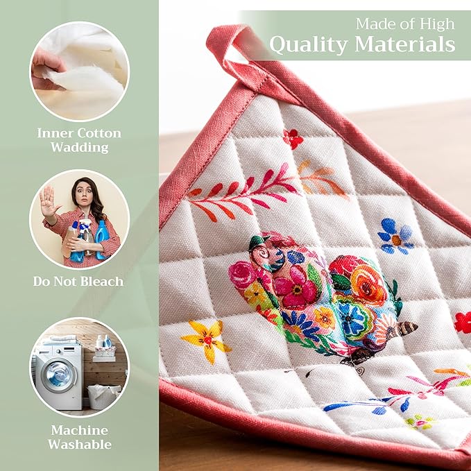 Maison d' Hermine Pot Holders Set 100% Cotton Heat Resistant Potholders 8" x 8" Hot Pads with Loop Cooking, Grilling, Kitchen, Handling Hot Pans Spring/Summer (Pack of 2, Happy Florals - High Summer)