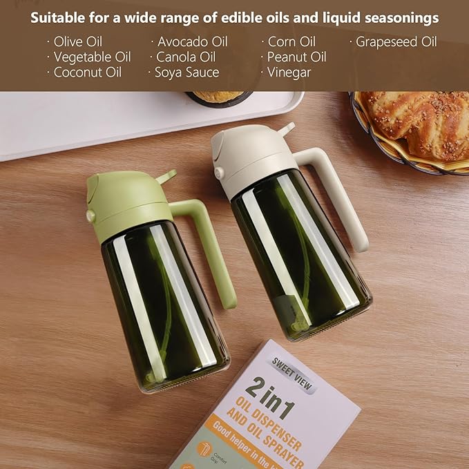 Olive Oil Dispenser and Oil Sprayer – 16oz/470ml Glass Light-Proof Oil Pourer for Kitchen, Air Fryer, Cooking, Salad, and BBQ