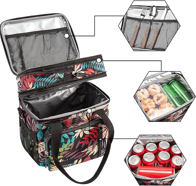 MOV COMPRA Leaf Printed Leakproof Expandable Large Double Deck Lunch Box Cooler Bag for Women Men, Beach Cooler Bag with Removable Shoulder Strap