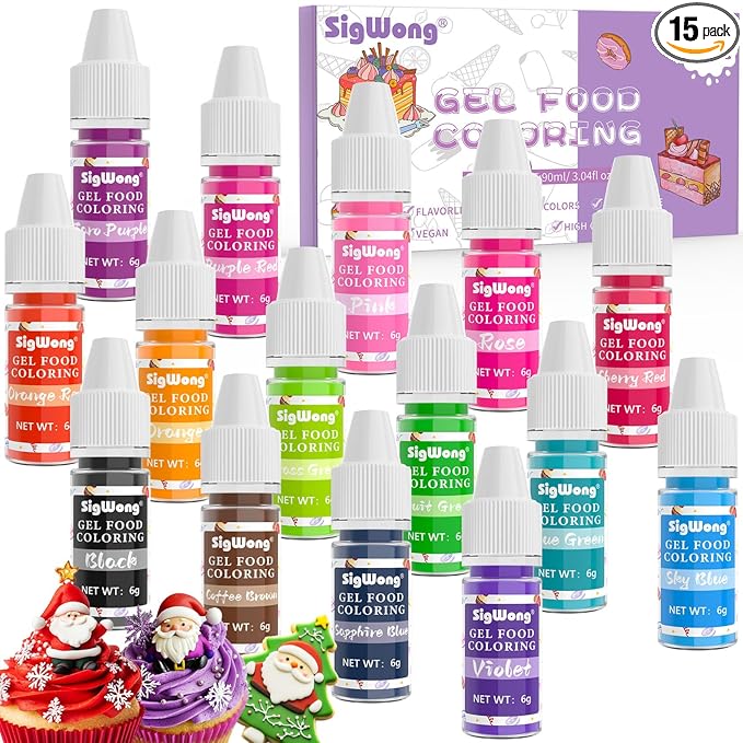 Gel Food Coloring - 15 Colors Flavorless Gel Based Food Color Dye, Vibrant Edible Concentrated Food Coloring for Cake Cookie Decorating, Easter Egg, Icing, Fondant, Christmas Baking, Macaron (6g/Bottle) - Vegan