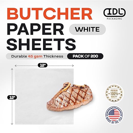 White Butcher Paper Sheets 12" x 12", Pack of 200 - USA-Made Natural Precut Butcher Paper for Smoking, Grilling & BBQ - Unwaxed, Uncoated, Untreated Food Wrapping Sheets for Cooking by IDL Packaging