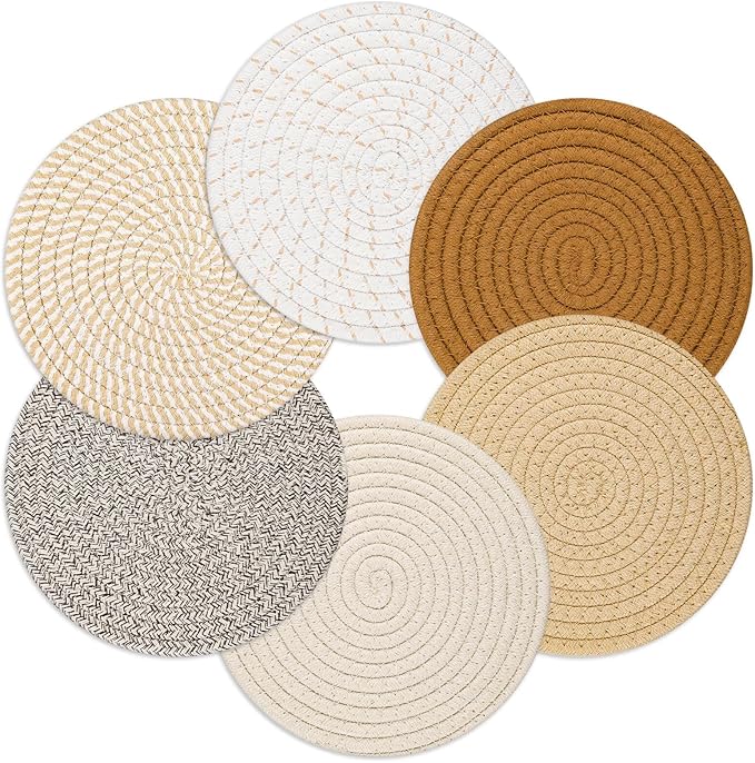 Billbotk 8"" Trivets for Hot pots and Pans, 6 Heat Resistant Hot Pads, Pot Holders for Kitchen, Hot Plate Mats for Table, Kitchen Decor for Counter, Home Essentials, Farmhouse, Brown, WT-6-2