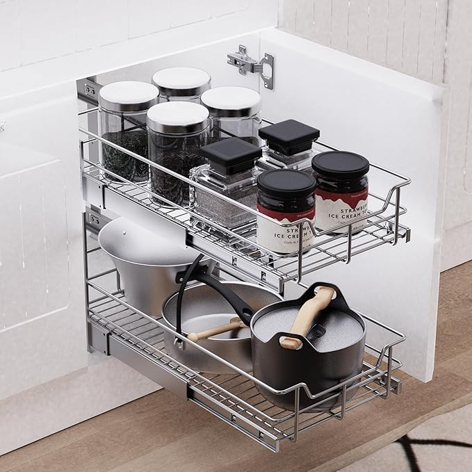 2 Tier Pull Out Cabinet Organizer 15" W X 22" D, Slide Out Drawers For Kitchen Cabinets, Pull Out Drawers For Cabinets Capacity Heavy Duty Caddy, Cabinet Pullout Shelves Chrome-Plated,Bathroom Pantry