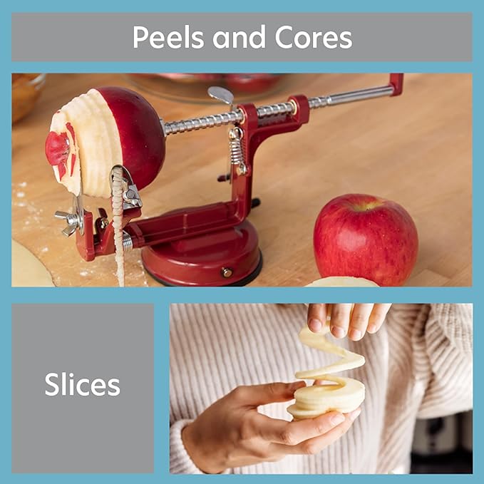 Apple Peeler and Corer - Durable Heavy Duty Chrome Cast Iron w Powerful Countertop Suction, Hand Crank for Fruits, Potatoes or Veggies, Picking Season- Thanksgiving Pie Dessert Baking, Holiday Gift