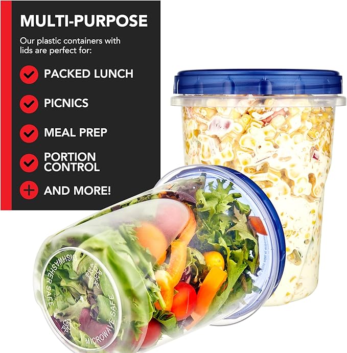 Stock Your Home 32oz Plastic Containers with Twist Top Lids (6 Pack), Quart Freezer Containers with Lids for Leftover Food, Airtight Reusable Soup Containers, Microwave and Dishwasher Safe