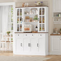 Keyluv 74.8" H Tall Pantry Cabinet with Microwave Stand and 3 Drawers, Large Kitchen Hutch Storage Cabinet with Glass Door and Adjustable Shelves for Kitchen, Dining Room, Living Room, White