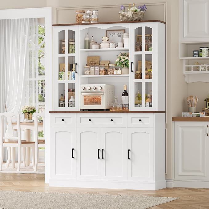 Keyluv 74.8" H Tall Pantry Cabinet with Microwave Stand and 3 Drawers, Large Kitchen Hutch Storage Cabinet with Glass Door and Adjustable Shelves for Kitchen, Dining Room, Living Room, White
