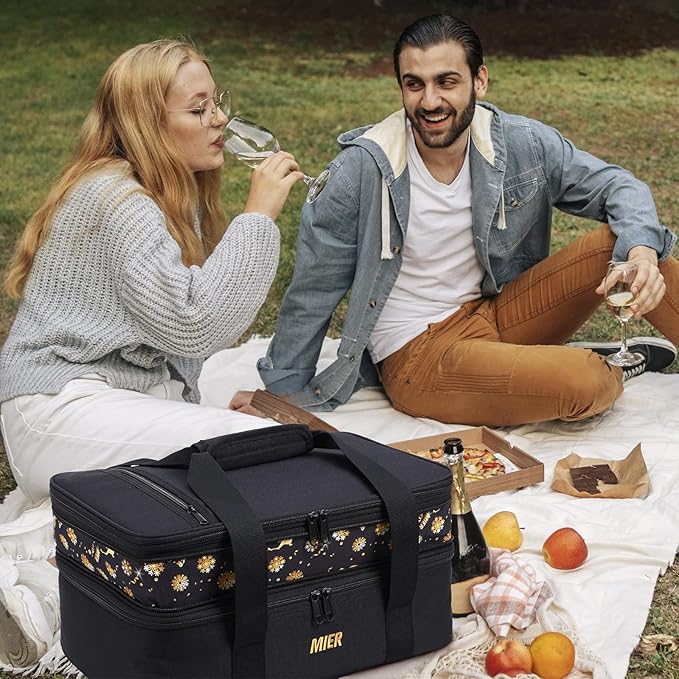 MIER Insulated Double Casserole Carrier Bag for Lasagna Lugger, Potluck Parties, Picnic, Beach, Fits 9 x 13 Inches Baking Dish, Casserole Dish, Expandable, Black