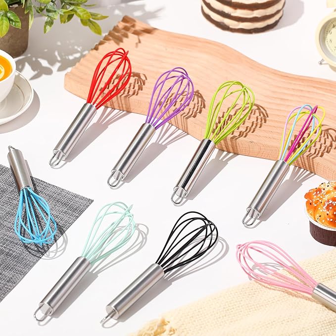 Domensi 24 Pcs 8 Inch Whisks Bulk for Cooking Silicone Whisks Non Scratch Stainless Steel Wisks Coated Metal Heat Resistant Egg Beaters for Mothers Day Party Favor Gift Supplies