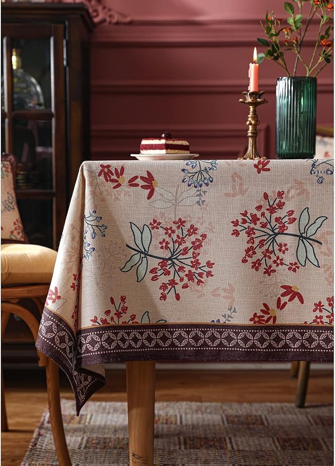 patdrea Designer French Linen Small Square Table Cloth,Vintage Red Floral Breathable Tablecloth,Dacorative Table Cover for Kitchen Dining,Christmas,Holiday,Thanksgiving,Tea Party,55"x55"-Newmari