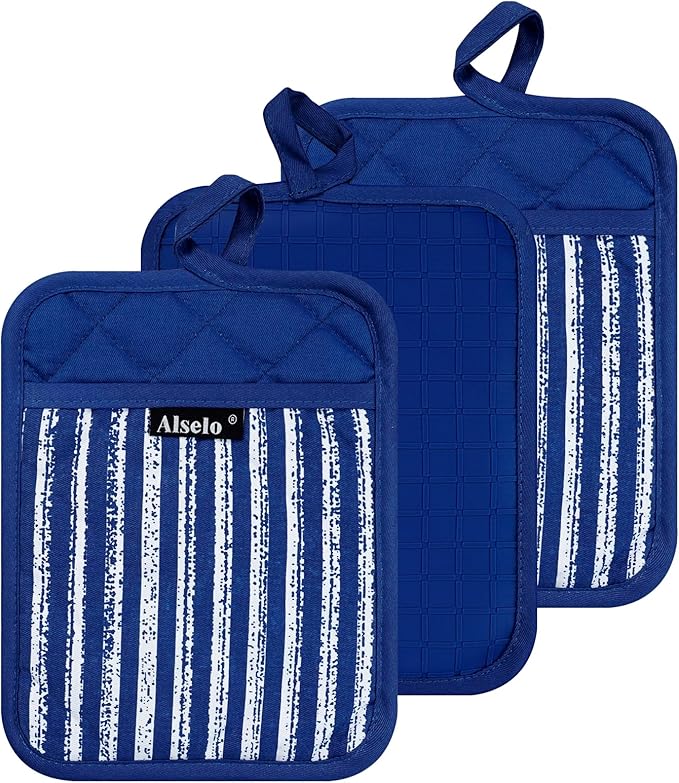 Silicone Pot Holders Set of 3 Heat Resistant & Non Slip Potholders, Professional Oven Hot Pads with Pockets Mitts for Kitchen Cooking Baking Barbecue (Cobait Blue, 3)