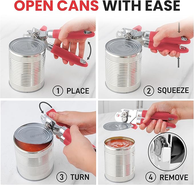 Zulay Kitchen Heavy Duty Stainless Steel Can Opener Manual with Large Bottle Opener - Manual Can Opener with Turn Knob with Soft Grip Handles - Red