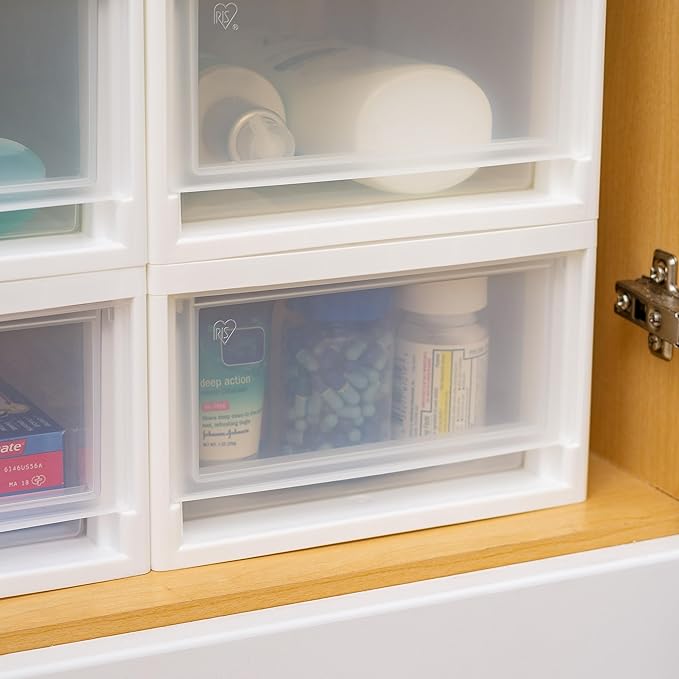 IRIS USA 6 Qt. Small Plastic Stacking Drawer, Stackable Storage Organizer Unit with Sliding Drawer for Bedroom Kitchen Under Sink Pantry Craft Room Dorm Office, White, 4-Pack