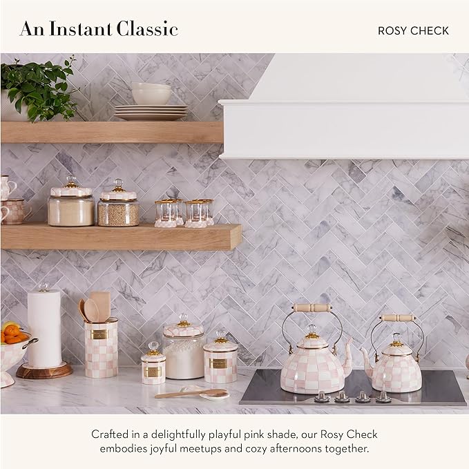 MACKENZIE-CHILDS Rosy Check Enamel Canister, Pink-and-White Kitchen Storage Container with Lid, Demi